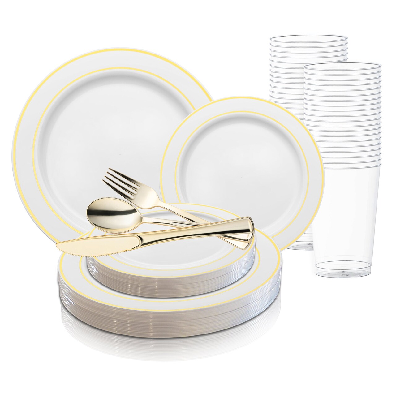 White with Gold Edge Rim Plastic Wedding Value Set (20 Settings)